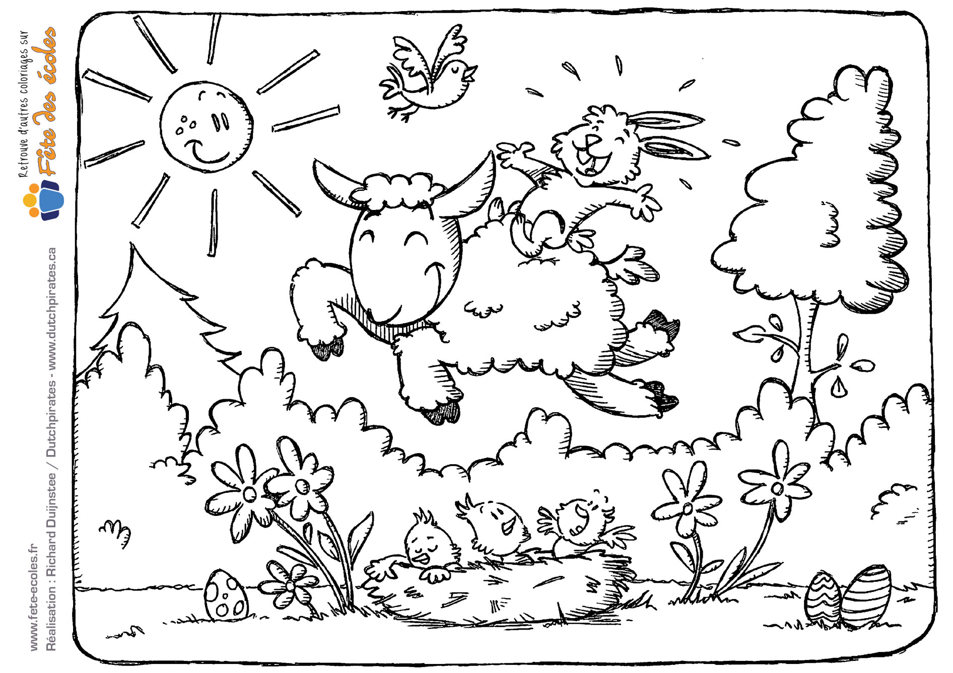 Un mouton, un lapin et des oiseaux célèbrent l'arrivée du printemps dans cette illustration de de Dutchpirates - Richard Duijnstee