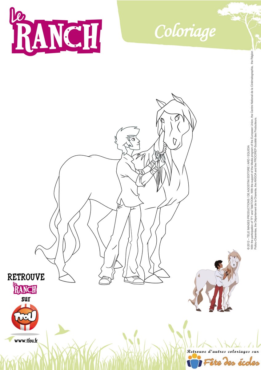 Coloriage d'Angelo et de son cheval hongre Andalou Sila, personnage du dessin animé Le Ranch