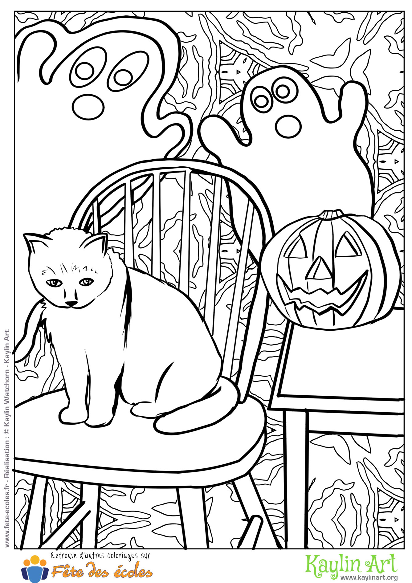Coloriage d'un chat d'Halloween entouré de fantomes