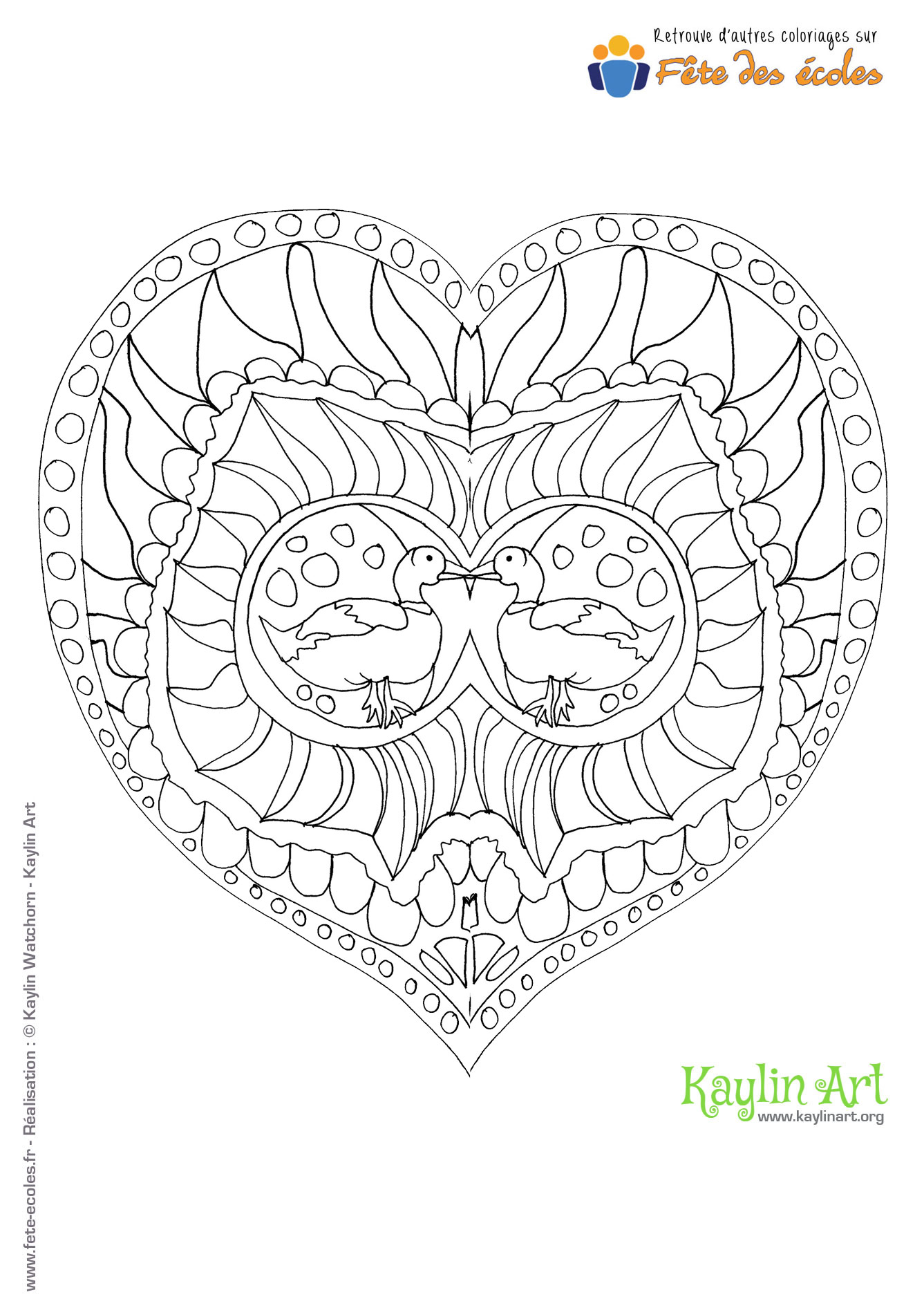 Coloriage de mandala en forme de cœur avec des canards au milieu réalisé par KaylinArt sur Fête des Écoles